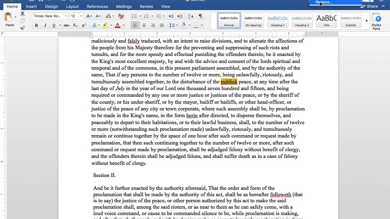 where is the replace feature in word for mac